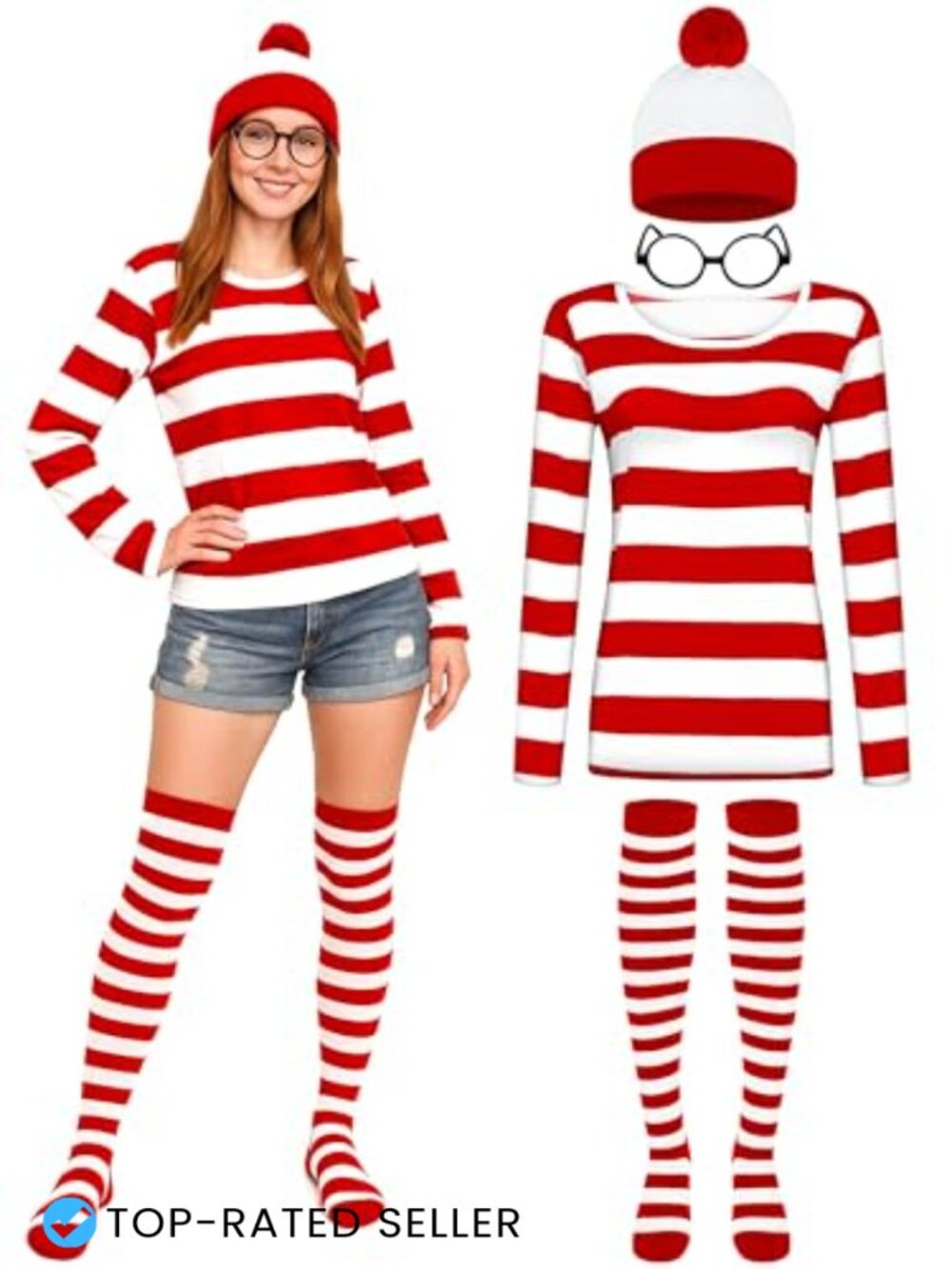 Halloween Cosplay Set Striped Shirt Beanie Glasses Socks Women Costume
